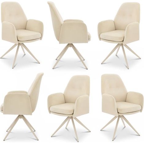 Bon Furni Velluto Sedia da pranzo Bianco Avorio con gambe bianche, Set da 6, girevole 360°, ergonomica ad alta elasticità e con braccioli (1/5)