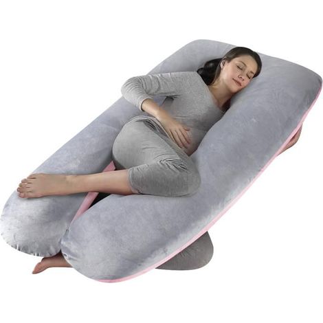 Coussin de Grossesse - Oreiller pour Femme Enceinte en Forme de U pour Dormir -Rose et Gris Foncé - Velours (1/4)