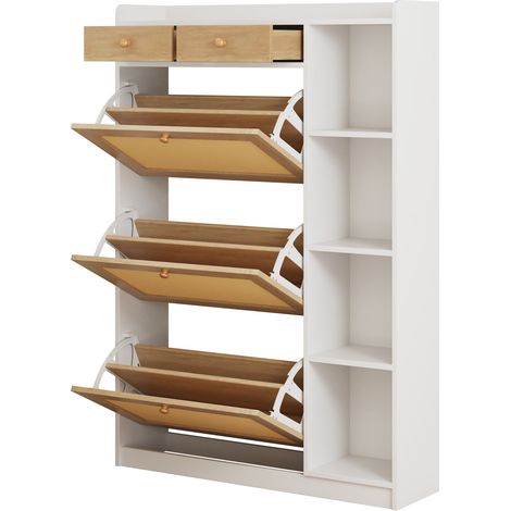 Zapatero estrecho con 3 puertas abatibles, 2 cajones y estantes abiertos, 90 x 24 x 130 cm (1/5)