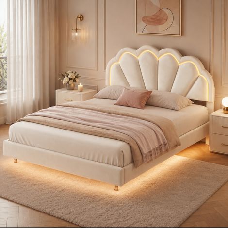 Lit Double 140x200 cm avec LED, Lit Suspendu Flottant Sommier à Lattes, Cadre de Lit, Lit Rembourré Velours Beige (1/5)