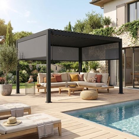 Pergola bioclimatique en aluminium. lames orientables 3x4m + 2 stores 3m + 1 store 4m TRIOMPHE anthracite