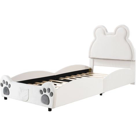 Cama infantil tapizada con forma de oso 90 x 200 cm en terciopelo blanco MODENUIT (1/5)