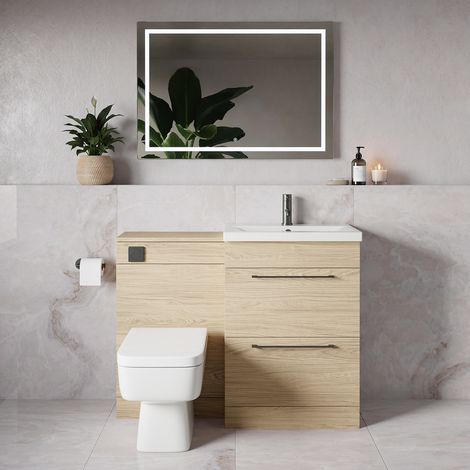 Napoli 390 Light Oak 1100mm 2 Drawer Vanity Unit Toilet Suite with Glide Basin - 1100mm - Gunmetal Grey 320mm HandleWith Kingston Toilet Pan and Seat