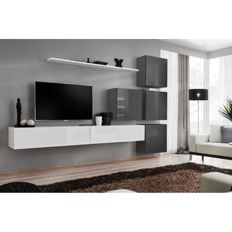 Ensemble mural - Switch IX - 4 vitrines carrées - 2 bancs TV - 1 étagère - Blanc et graphite - Modèle 1 - Livraison gratuite