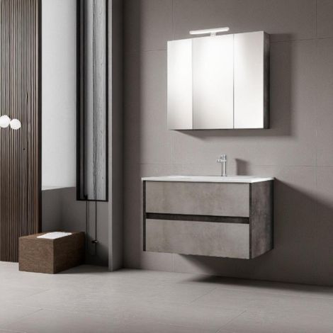 Mobile da bagno sospeso moderno con lavabo 81 cm a 2 cassettoni maniglie a gola, effetto cemento (1/3)