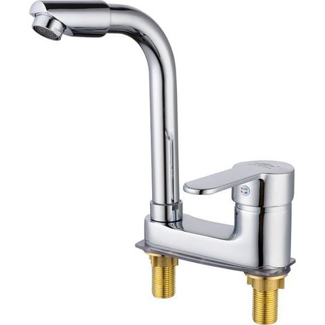 Robinet de lavabo 2 trous en laiton plein, pivotant, eau chaude/froide, installation universelle (écartement 10-10,5cm) (1/5)