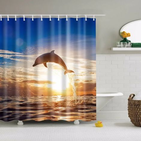 Duschvorhang mit Strandmotiven: Muscheln, Seesterne, Schneckenhäuser, blaue Palmen, Sonnenuntergang und Naturlandschaft Badezimmerdekoration 300 x 180 cm (118 x 70 Zoll)