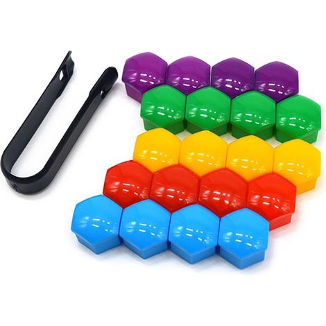 20 Pièces 17 mm Voiture Roue Cache-Écrous, Bouchon à Vis de Moyeu de Voiture Universel, Cache-Écrou de Pneu Hexagonal avec Outil de Retrait (Rouge Jaune Bleu Vert Violet) (1/5)