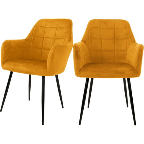 Ml-Design – Lot de 2 chaises de salle à manger moutarde – Dossier et accoudoirs rembourrés en velours – Pieds en métal noir – Chaise ergonomique moderne (1/5)