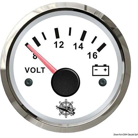Elektromechanisches Voltmeter – 1 Stück – Weiß und poliert – 8 bis 16 V – Für Armaturenbretter in Booten – 52 mm