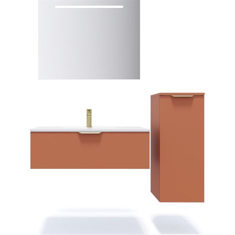 Meuble de salle de bain suspendu vasque intégrée 90cm 1 tiroir Terracotta + miroir + colonne ouverture droite - Venice (1/5)