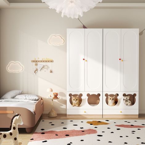 REDOM - Armadio - 80x50x200 cm - area riposo per gatti sistema a scomparti maniglie in ceramica colorate - MDF - Bianco e naturale