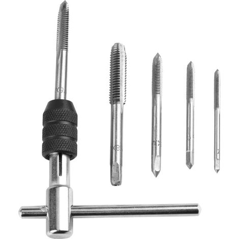 Juego de 5 machos de roscar métricos manuales M3 M4 M5 M6 M8 con 1 llave ajustable, juego de machos de roscar de acero con mango en T para zurdos para insertos de rosca. (1/5)