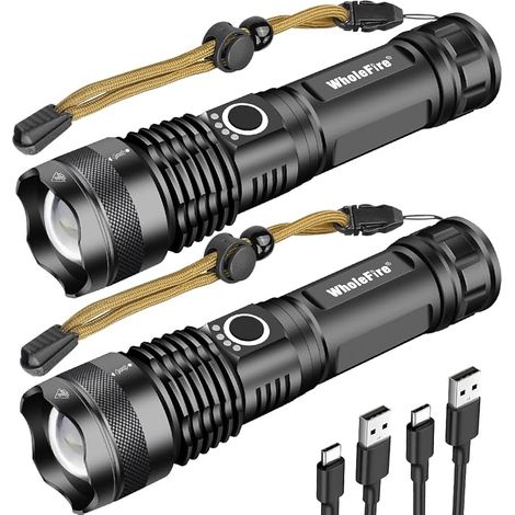 Linterna LED recargable USB ultra potente de 90000 lúmenes, XHP70, con zoom, resistente al agua, 5 modos para iluminación de emergencia en exteriores e indicador de batería, paquete de 2. (1/5)
