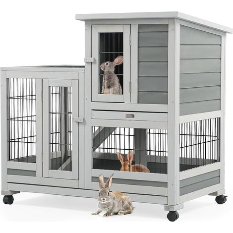 YODOLLA Hasenstall Kaninchenstall Kleintierstall, 94 cm Meerschweinchenstall mit Auslauf, Indoor-Kaninchenkäfig mit 4 Rollen