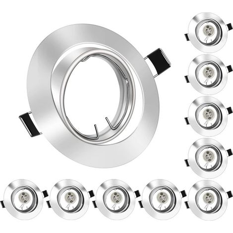 Projecteurs Spot Encastrable GU10 Set, 10 Pièces Cadre De Montage En Chromé Métal Avec Douille Céramique GU10 Pour Lampes, Rond, Ø 75 mm Orientable A 35°, Pour Lampes A LED Ou Halogènes (1/5)