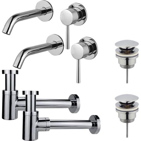 FugaFlow Eccelente Sobrado Slim Kit robinet lavabo - pour double vasque - robinet rehaussé - bonde clic clac - siphon design bas - Chrome brillant (1/4)