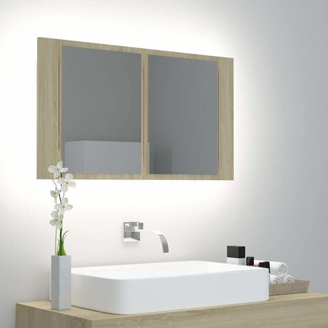 vidaXL Armario espejo de baño LED acrílico roble Sonoma 80x12x45 cm (1/5)