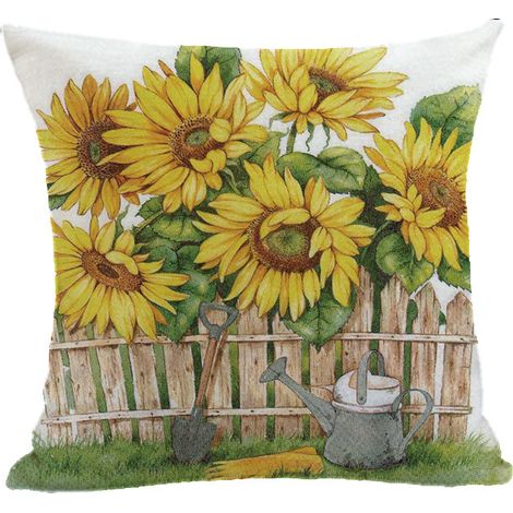 Funda de cojín cuadrada, decorada con un estampado retro de girasoles amarillos, confeccionada en algodón y lino, 45 x 45 cm. (1/4)