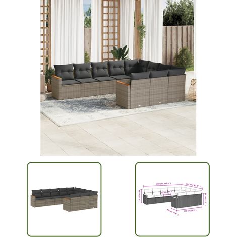 The Living Store 10-tlg. Garten-Sofagarnitur mit Kissen Grau Poly Rattan - Gartenmöbel - Outdoor Möbel - Rattan Sofa - Lounge Set - Esstischgarnitur (1/3)