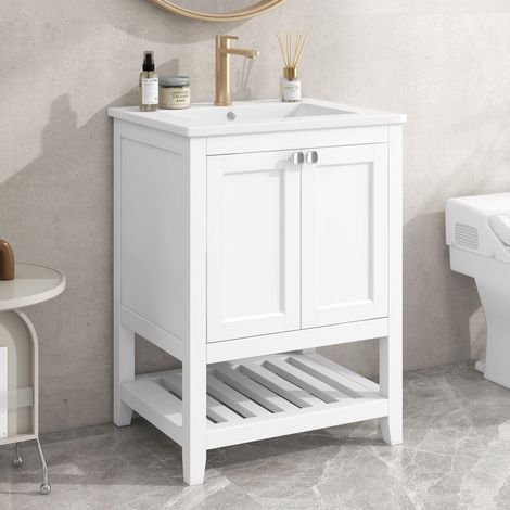 Meuble salle de bain sur pied 61 cm avec vasque céramique, meuble sous vasque blanc, 2 portes, étagère basse, bois massif et MDF (1/5)