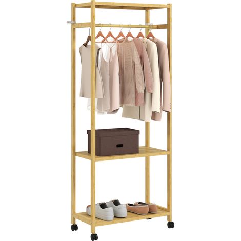Portant vêtements sur roulettes en bambou naturel, 70x35x175 cm, avec barre, étagères et 4 roues