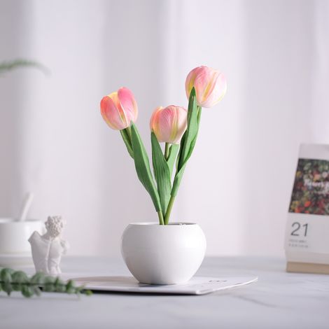 Lampe Tulipe LED Céramique 6 Têtes Fleur Artificielle PU Réglable Déco Intérieure Rose Verte Cadeau Design Élégant Ambiance (1/5)