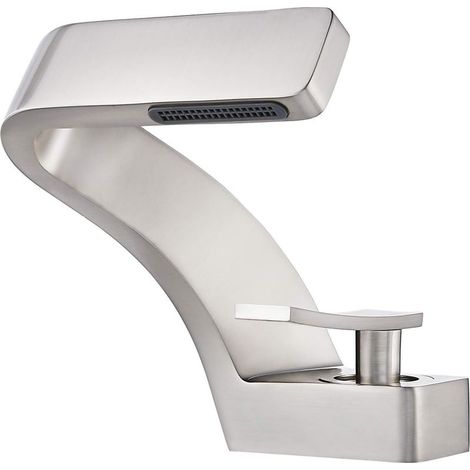 Wasserfallarmatur für Badezimmerwaschbecken, Warm- und Kaltwasserhähne aus massivem Messing, inklusive zwei Standard-Schläuchen (gebürstetes Nickel) (1/4)