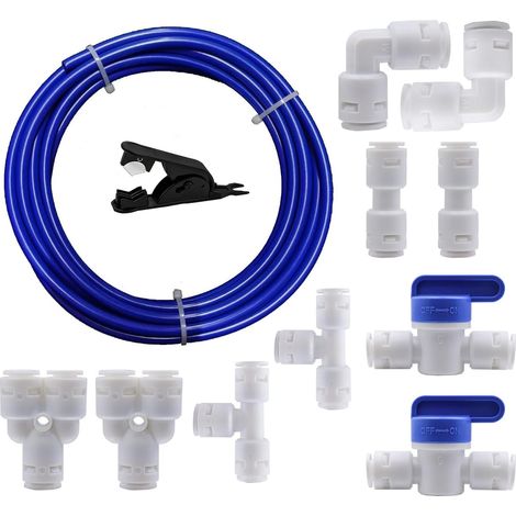 5M Water Supply Hose Tube, 1/4" Refrigerator Connector Kit, Water Purifiers Quick Connect Tube Fittings Type Y+T+I+L+Ball Valve Reverse Osmosis Systems - Blue (1/5)