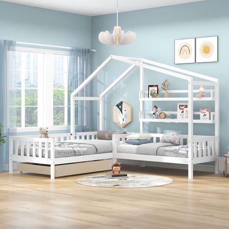 Cama doble infantil con 1 cajones 90x200cm (140x70cm), con balda, madera + MDF, sin colchón, blanco (1/5)