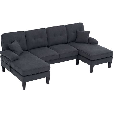 Canapé d'angle en U 4 places en lin foncé avec deux chaises longues et coussins confortables (1/5)