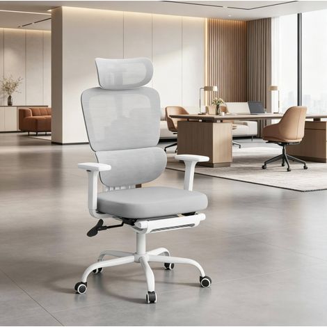 Silla de oficina ergonómica giratoria de malla gris, reposacabezas y reposapiés OKWISH (1/5)