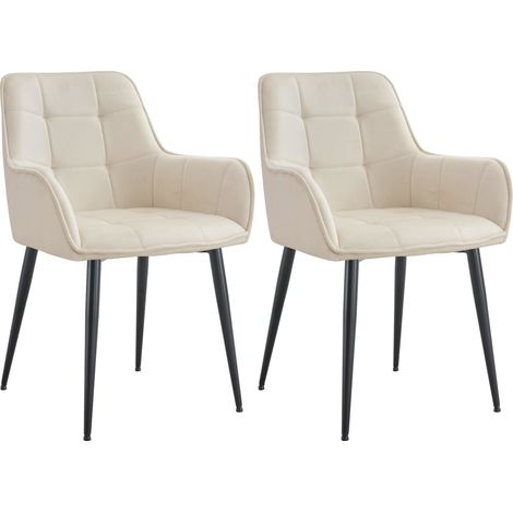 Lot de 2 chaises de salle à manger avec accoudoirs en velours crème capitonné cadre métal noir 100007509