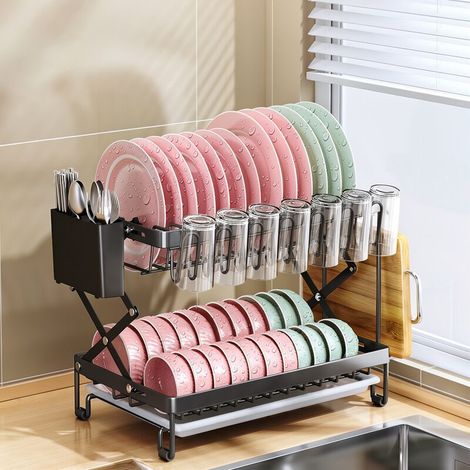Egouttoir à vaisselle double étagère pliable en acier inoxydable, support de rangement de cuisine avec bac d’égouttage, porte-tasses et porte-couverts (1/5)