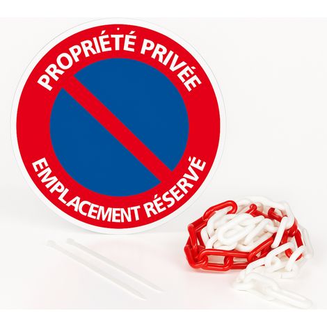 Panneau propriété privée emplacement reservé disque rigide prépercé avec chaine plastique rouge/blanc avec collier de serrage de serrage Diamètre 300 mm