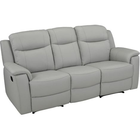 Vente-Unique – Canapé relax 3 places en cuir de vachette – Système de levier pour dossier et repose-pieds – Gris clair – Dimensions 205x96x100cm (1/5)