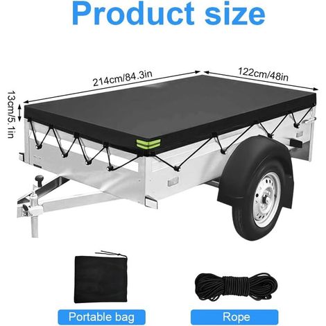 Funda para remolque 214x122x13 cm – Oxford 420D impermeable – Resistente a desgarros / Cortavientos / Resistente a la arena – Cordón de tensión integrado – Universal – Negro – Funda para remolque (1/5)