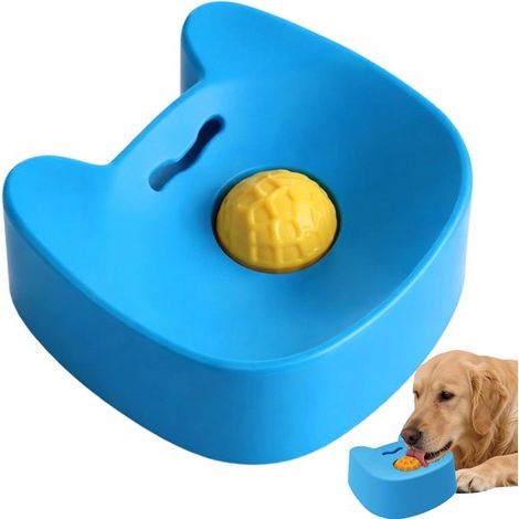 Balle à lécher interactive pour chiens et chats, design tête d’animal, alimentation lente, anti-stress et stimulation mentale, bleu et jaune (1/5)