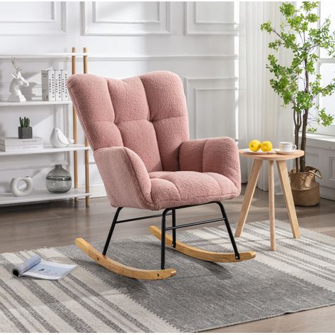 Poltrona a dondolo rosa 89x70x95 cm, schienale alto, tessuto peluche, legno/metallo MEUBLIV (1/5)
