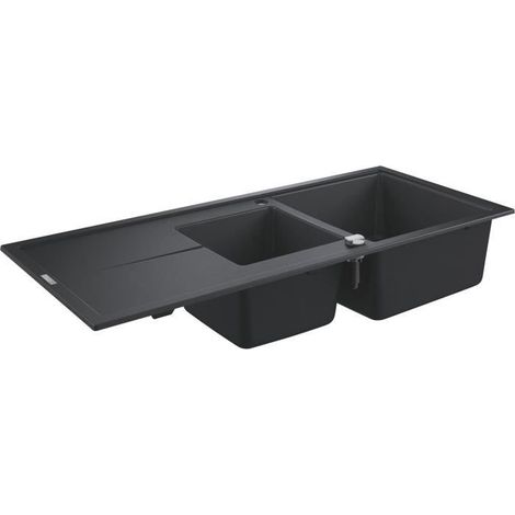 Évier composite 1,5 bac réversible noir granite 116 x 50 cm – Vidage automatique – Montage rapide GROHE QuickFix – Siphon inclus