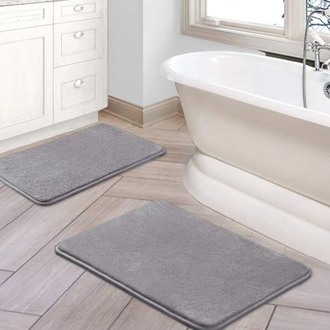 Tapis de bain en mousse à mémoire de forme, en flanelle de velours, ultra doux et absorbant, antidérapant, lavable, idéal pour la salle de bain ou la chambre (lot de 2 – 40 x 60 cm/50 x 80 cm, gris) (1/4)