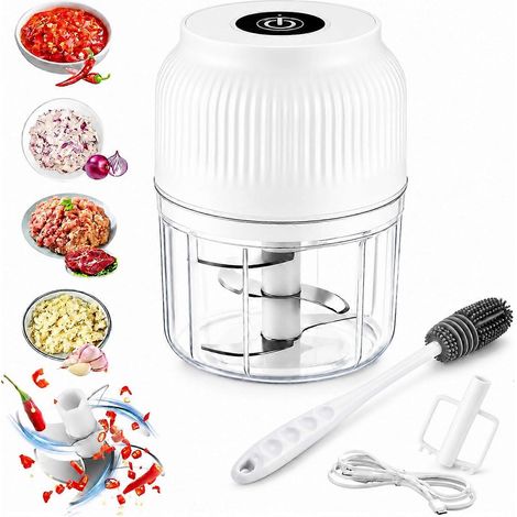 Hachoir à ail électrique sans fil 400 ml blanc mini robot culinaire 6 lames inox pour hacher ail oignon gingembre piment et herbes (1/5)