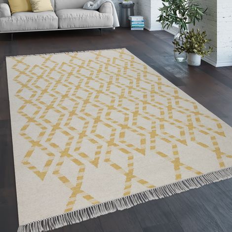 Paco Home Tapis De Salon Style Bohème Franges Tissé À La Main Mélange Laine-coton Jaune 60x110 cm (1/4)