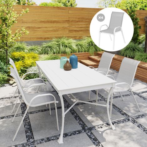 Set di 4 sedie impilabili da esterno con seduta in rete, schienale alto e struttura in acciaio per giardino o terrazzo, colore grigio.