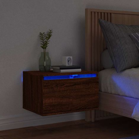 Table de chevet murale avec lumières LED-Table de nuit suspendue à LED chêne marron 709510 (1/5)