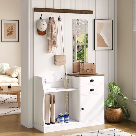 Mobile ingresso con specchio, ganci, cassetti e portaombrelli 110,5 x 38 x 191 cm bianco DESVIAE (1/5)
