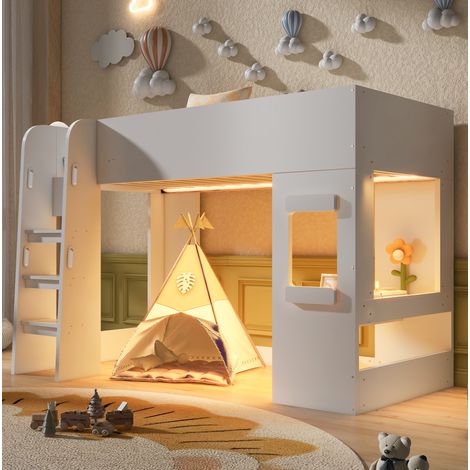 Hochbett 90x200 cm Weiß aus MDF mit LED-Beleuchtung und Schreibtisch (1/5)
