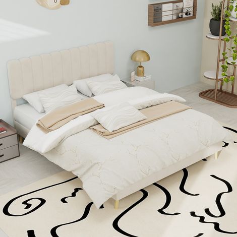 Lit rembourré moderne et minimaliste avec tête de lit en peluche, 140x200 cm, beige, meuble de chambre multifonctionnel, sommier bas sans rangement (sans vérin à gaz), matelas non inclus. (1/5)