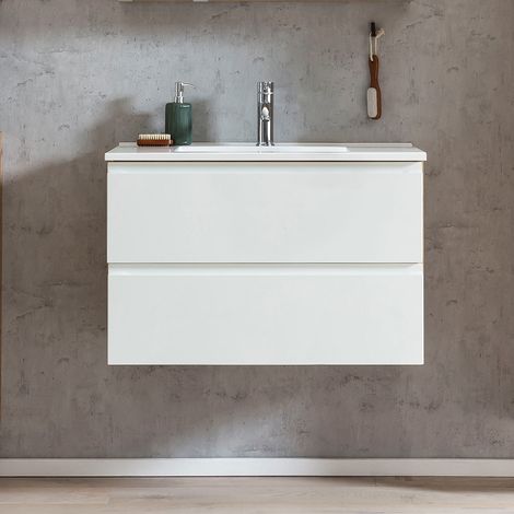 Waschtisch mit Waschbecken, hängend, VASTO-03-WHITE in Wotan Eiche Nb. mit weiß matt, B/H/T ca. 80/56/47 cm (1/5)