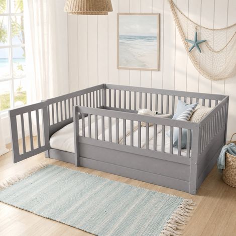 DESMIU Lit enfant 140 × 200 cm avec barrière, porte, sans matelas, en bois massif, gris (1/5)
